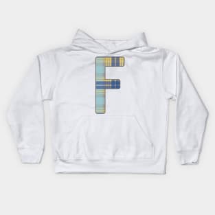 Monogram Letter F, Blue, Yellow and Grey Scottish Tartan Style Typography Design Kids Hoodie